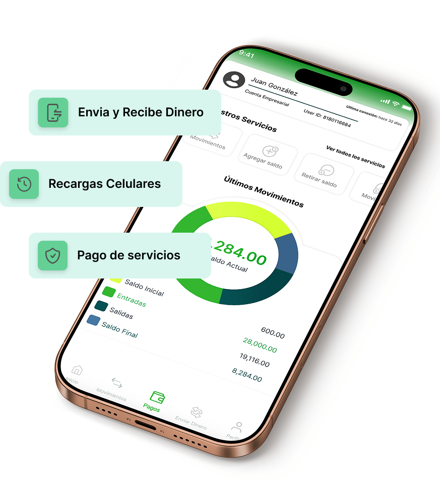 App Paycaster con opciones de enviar dinero, pagos recurrentes y pagos de servicios