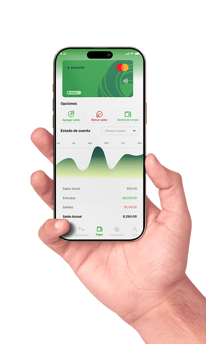 Mano sosteniendo teléfono con app Paycaster